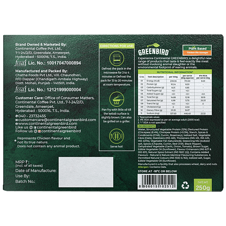 Continental Greenbird Plant Based Chicken Sausages - Good Source Of Protein