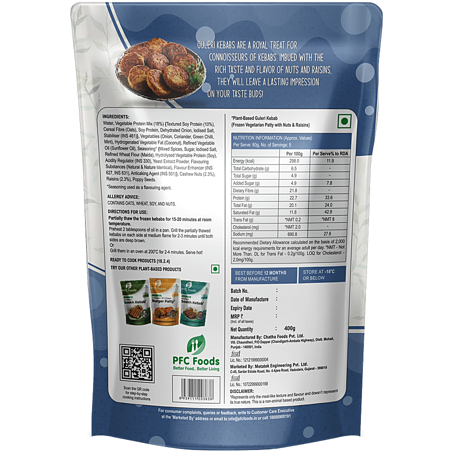 PFC Foods Plant Based Guleri Kebab Patty - Protein Rich