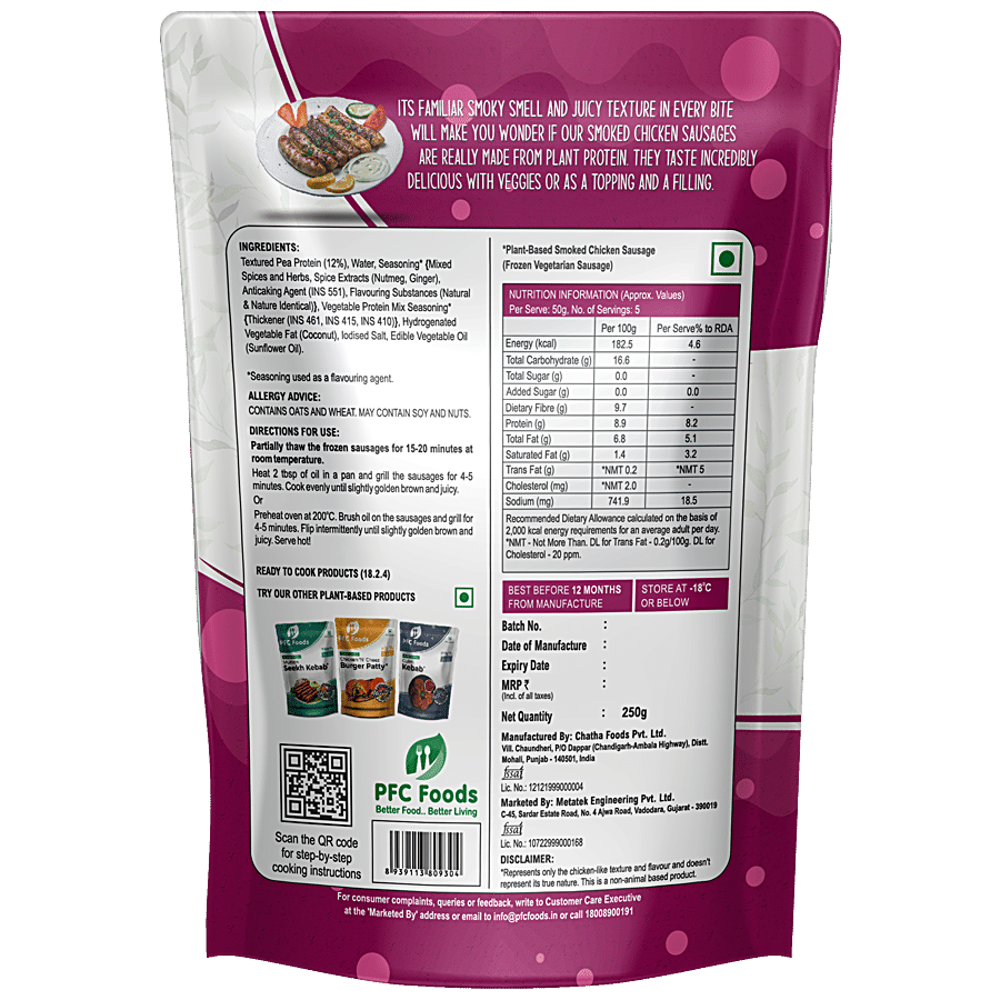 PFC Foods Plant-Based Smoked Chicken Sausage - 100% Plant Protein