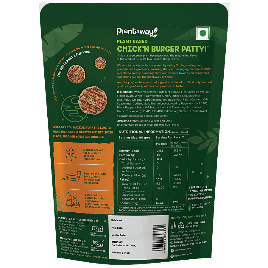 Plantaway Plant Based Grilled Burger Patty Chick'n - Zero Trans Fats