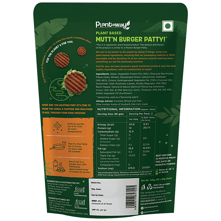 Plantaway Plant Based Grilled Burger Patty Mutt'n - Zero Trans Fats