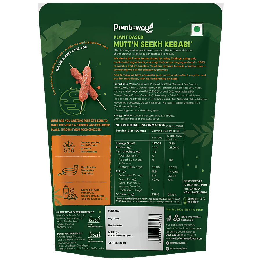 Plantaway Plant Based Seekh Kebab Mutt'n - Zero Trans Fats