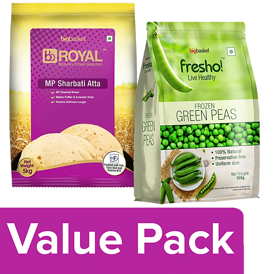 bb Combo Fresho Frozen Green Peas 500 G + BB Royal MP Sharbati Atta 5 Kg