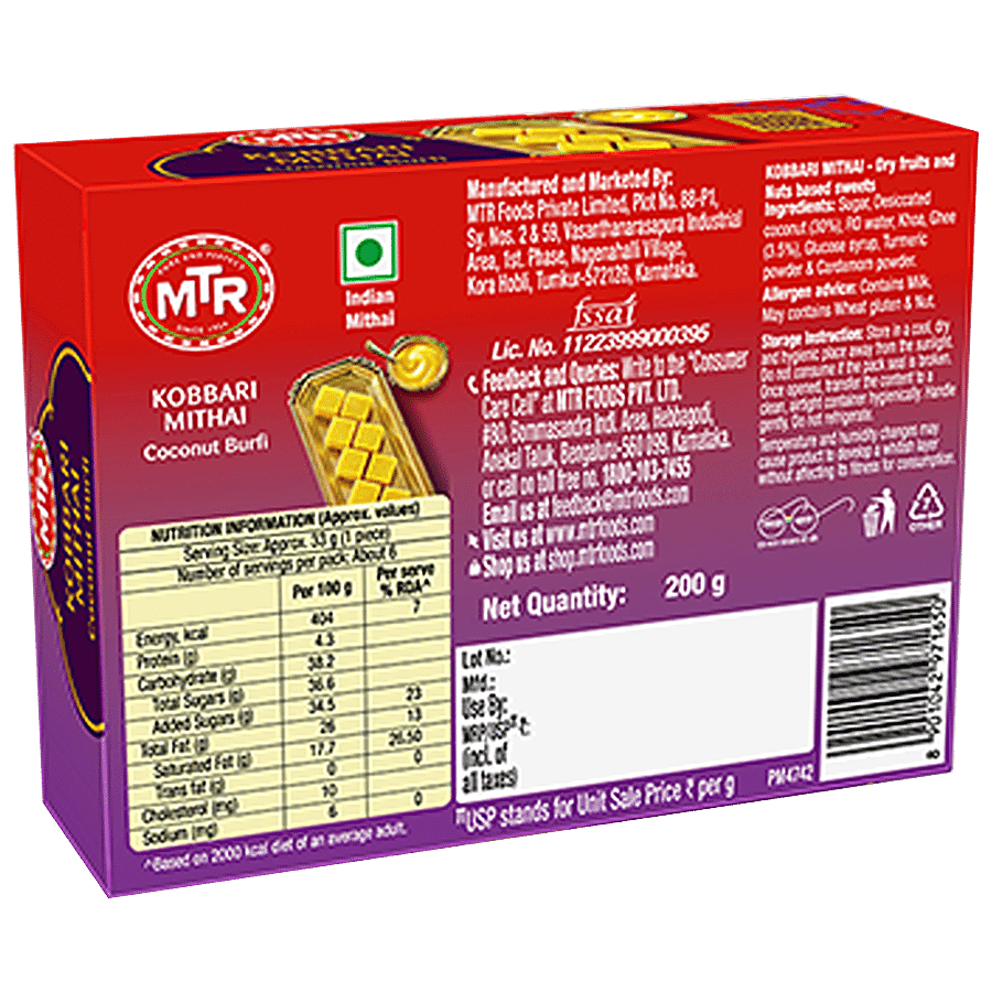 MTR Kobbari Mittai Coconut Barfi - Made With 100% Pure Ghee