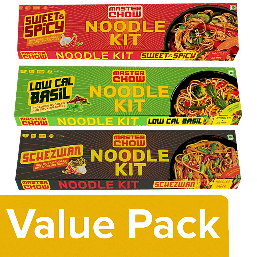 MasterChow Variety Noodle Kit - Schezwan + Basil + Sweet & Spicy Noodle Kit (Pack of 3)