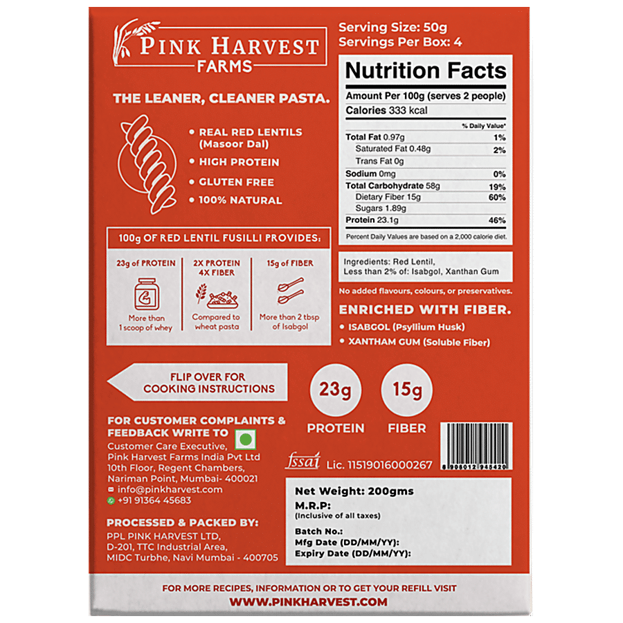 Pink Harvest Farms Red Lentil Fusilli Pasta - 100% Masoor Dal