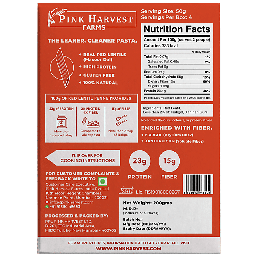 Pink Harvest Farms Red Lentil Penne Pasta - 100% Masoor Dal