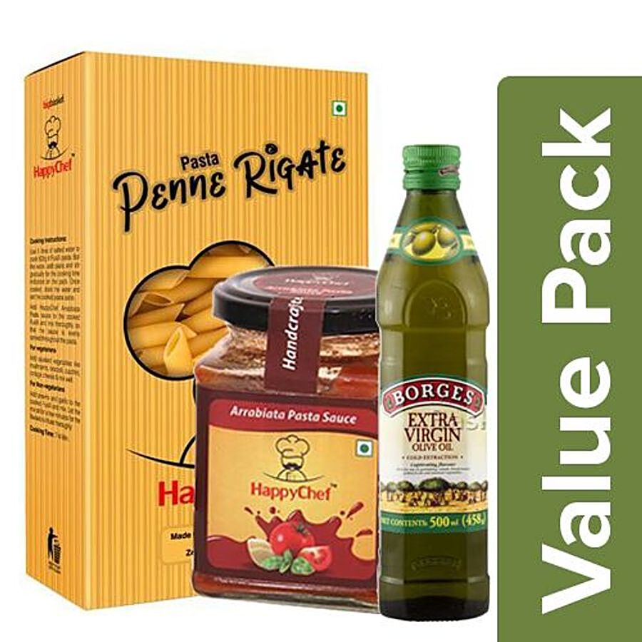 bb Combo Happy Chef Pasta- Penne Rigate 500g +Sauce - Arrabiata 270g +Borges Olive Oil 1L