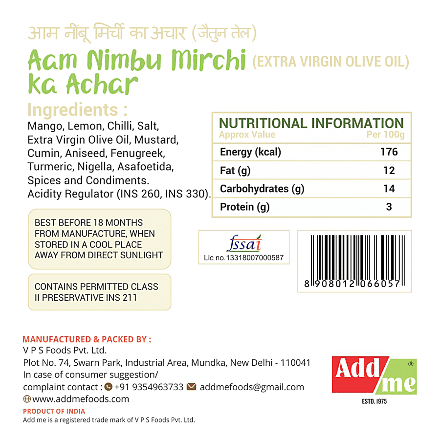 Add Me Aam Nimbu Mirchi Achar In Olive Oil