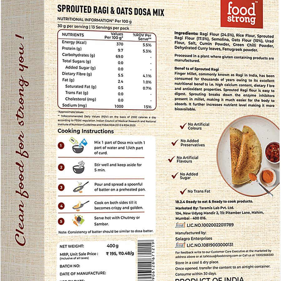 Foodstrong Sprouted Ragi & Oats Dosa Mix - Rich In Protein & Fibre