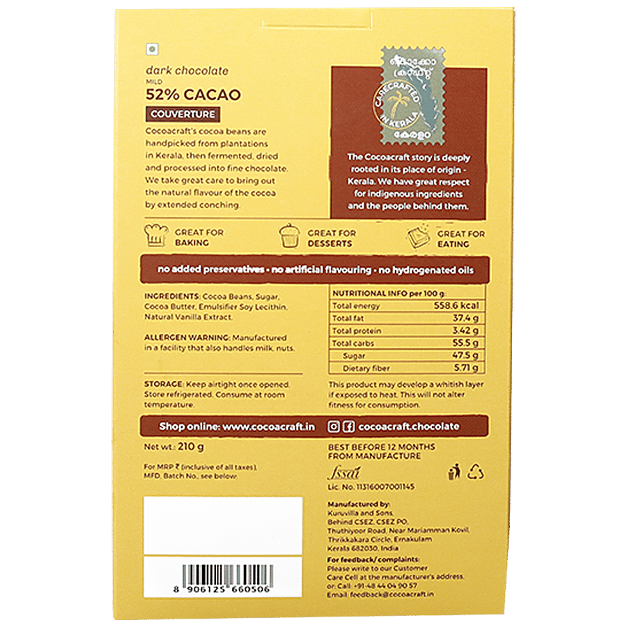 Cocoacraft Dark Chocolate - 52% Cacao Couverture