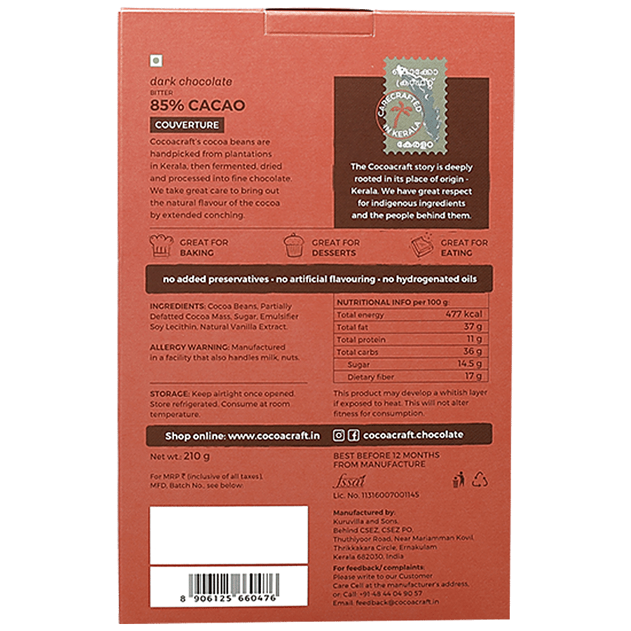 Cocoacraft Dark Chocolate - 85% Cacao Couverture