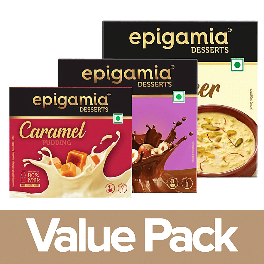 Epigamia  Desserts Caramel Pudding + Chocolate Hazelnut + Desserts Rice Kheer