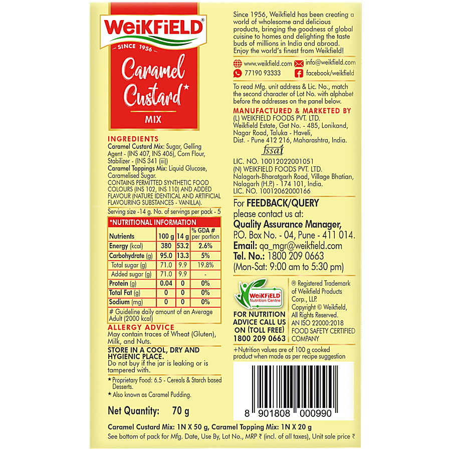 Weikfield Caramel Custard Mix - Caramel Flavor Sets Without Refrigeration - Contains No Eggs