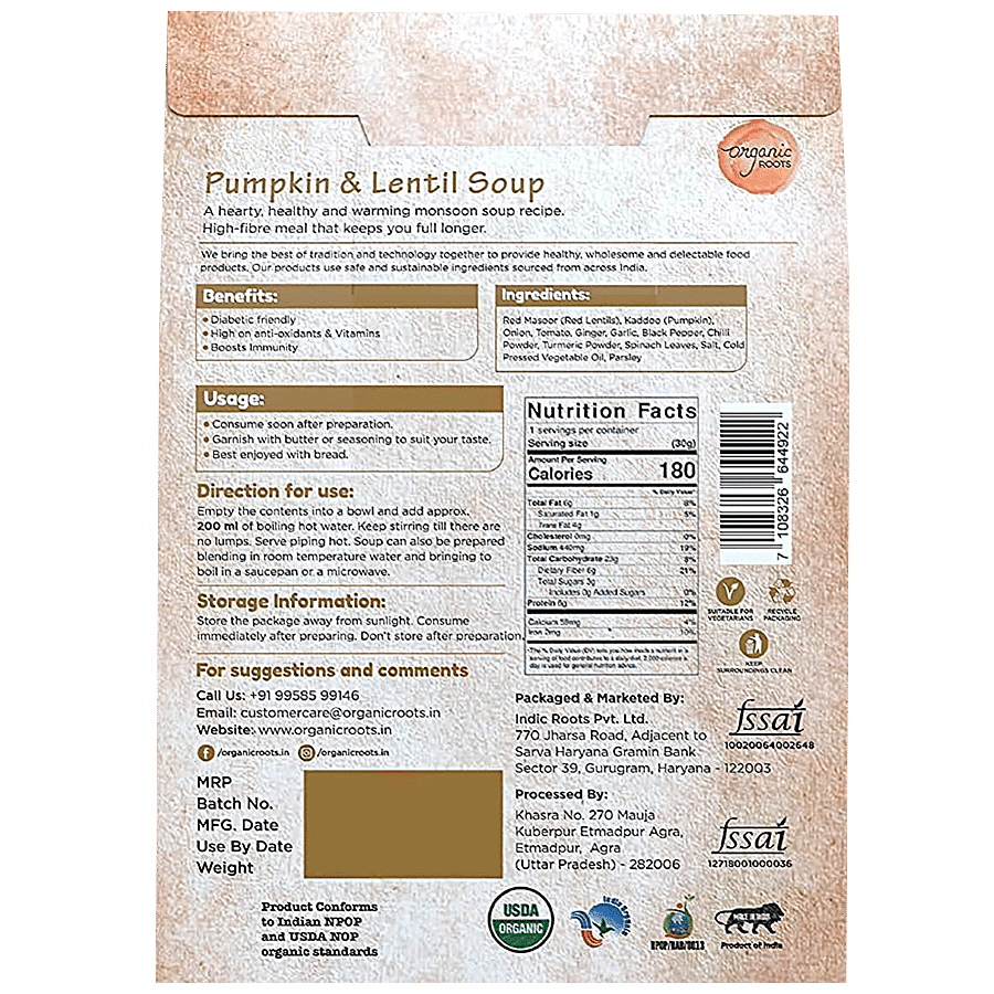 Organic Roots Pumpkin & Lentil Soup Instant Mix - Rich In Nutrition