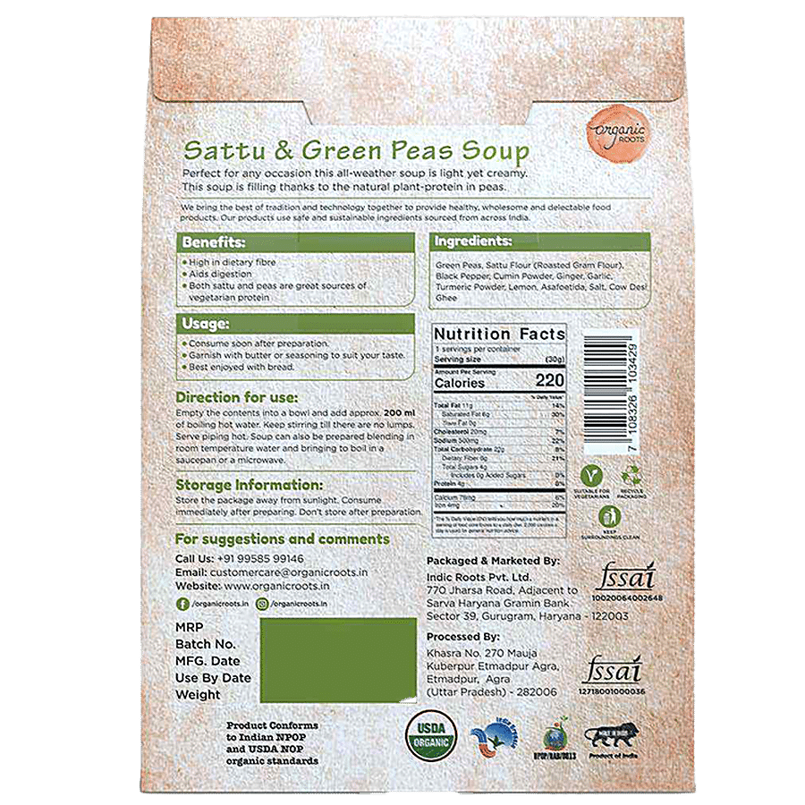 Organic Roots Sattu & Green Peas Instant Soup Powder Mix - Healthy