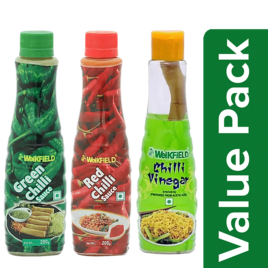 Weikfield Chilli Vinegar + Green Chilli Sauce + Red Chilli Sauce