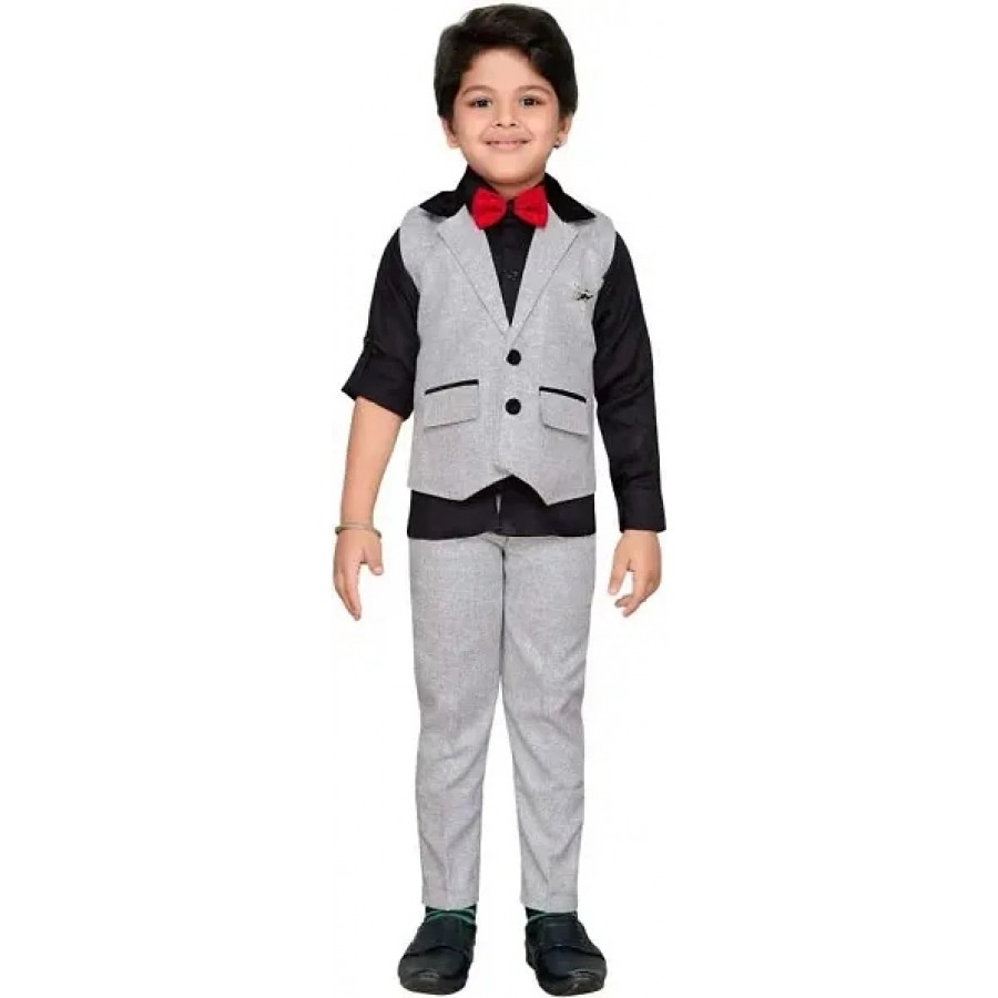 Boys Festive  Party Shirt, Waistcoat and Pant Set  (Black Pack of 1)