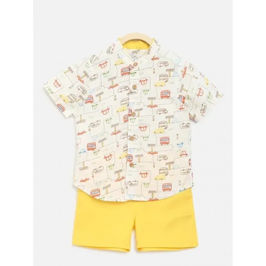 Half Sleeves Vehicles Print Shirt  Shorts Set - White  Yellow