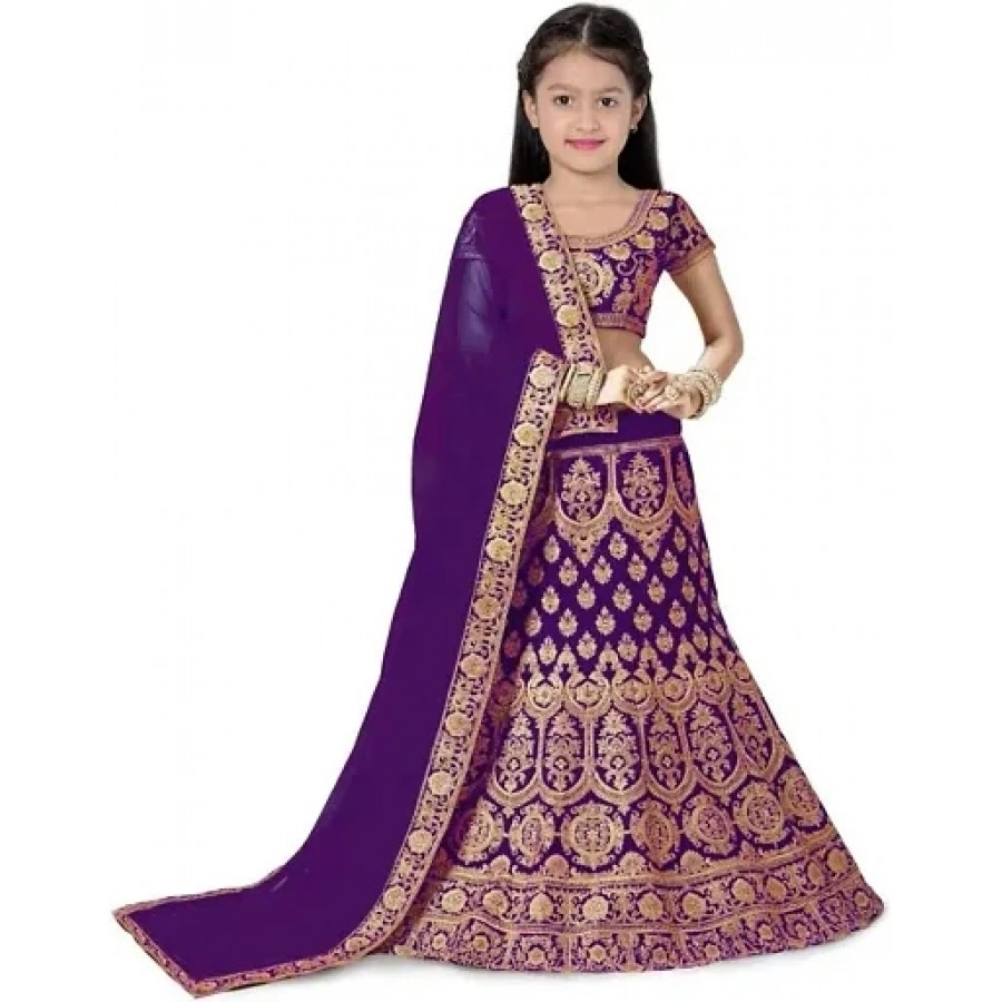 Purple Satin Embroidered Lehenga Cholis