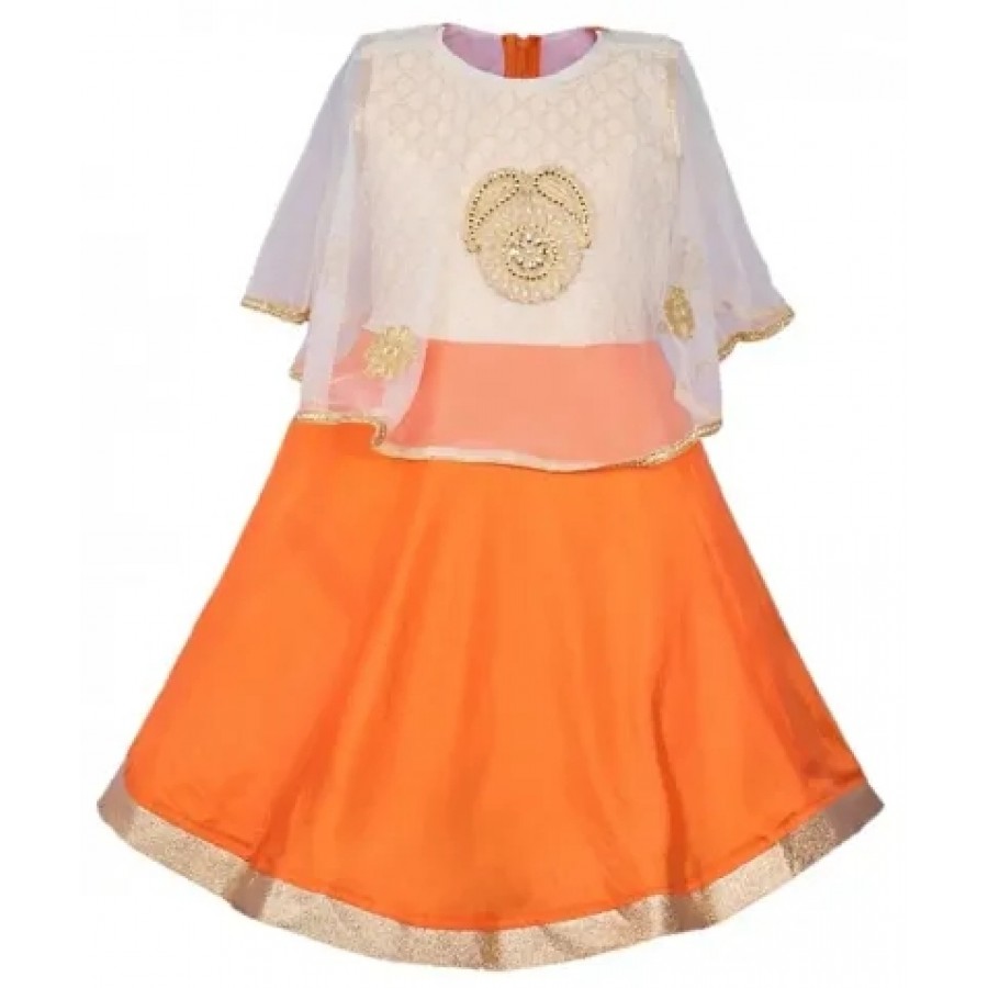 Embellished Silk Orange Dress with Poncho