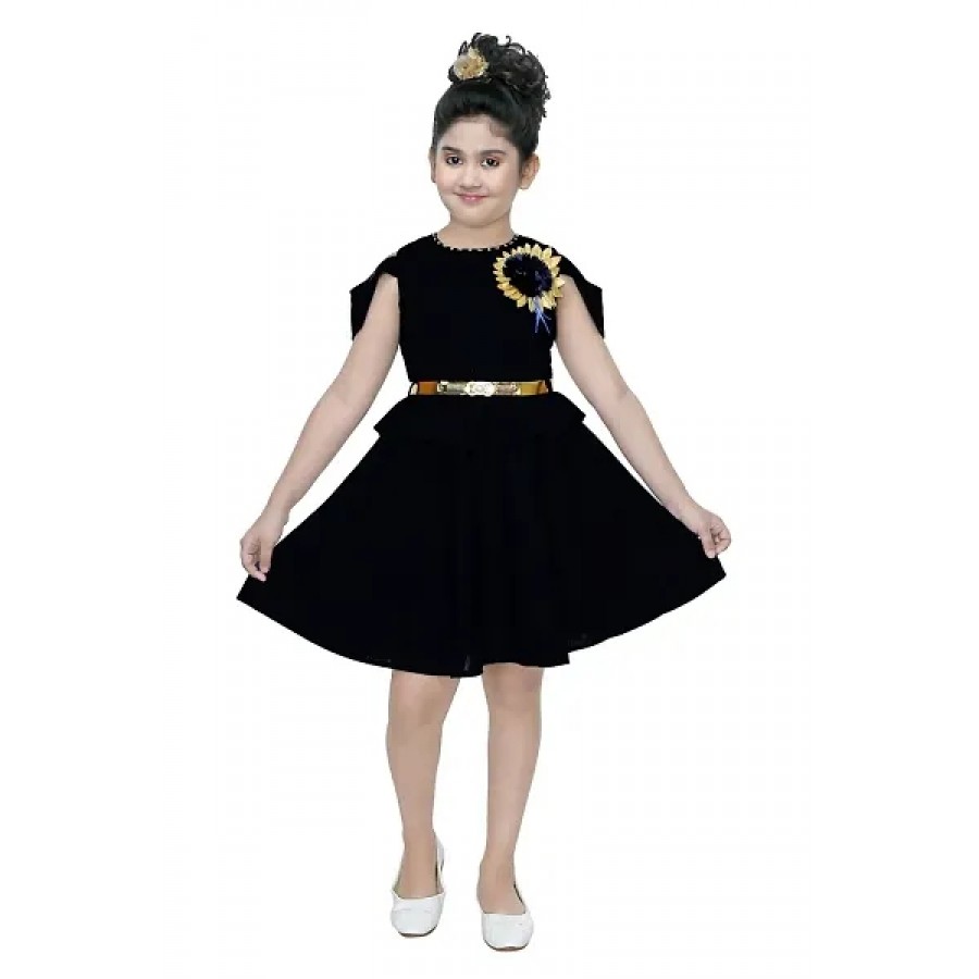 Kids Solid Black Polyester Frocks