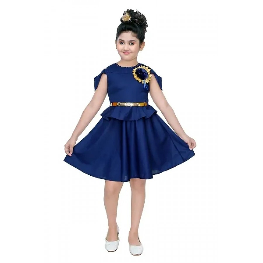 Kids Solid Navy Blue Polyester Frocks For Girls