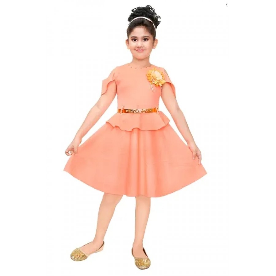 Kids Solid Peach Polyester Frocks