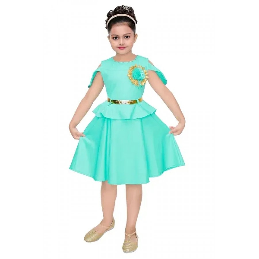 Kids Solid Turquoise Polyester Frocks