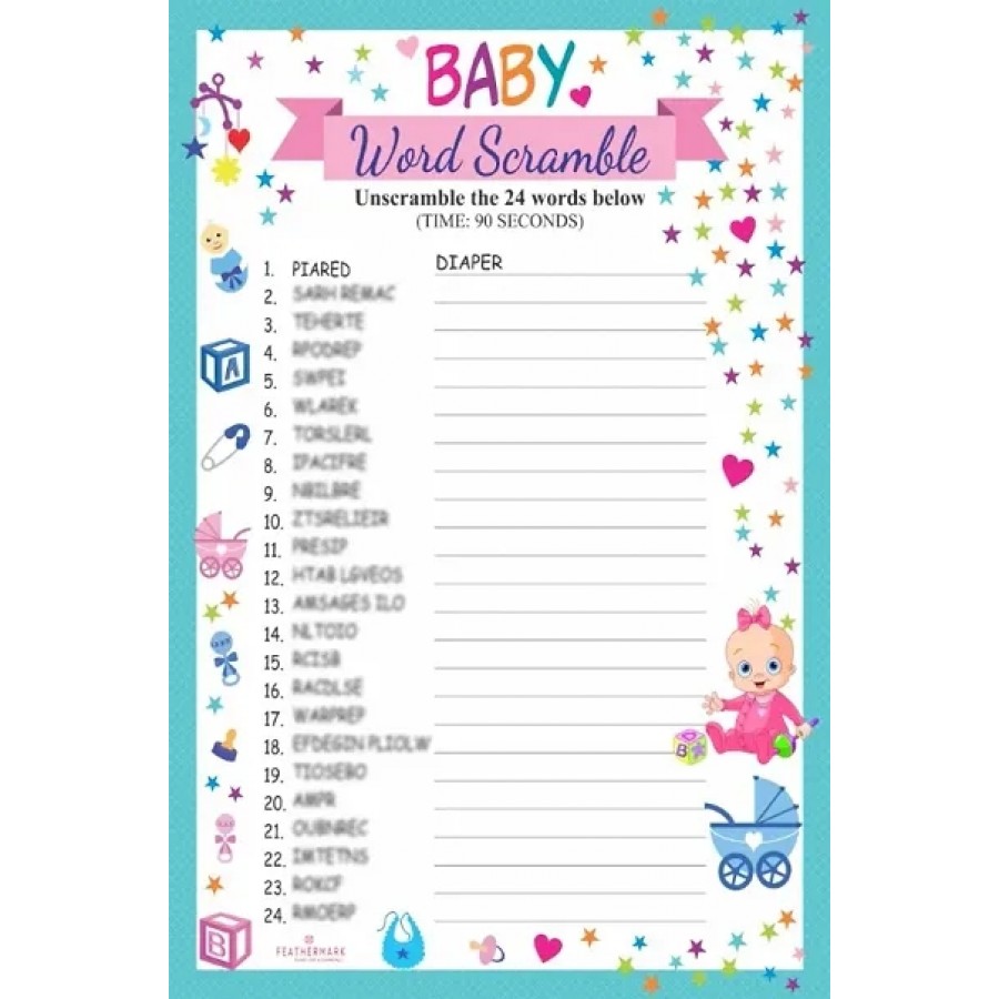 FEATHERMARK Baby Shower Word Scramble Game (Pack of 24 Leaf) Colourful Theme