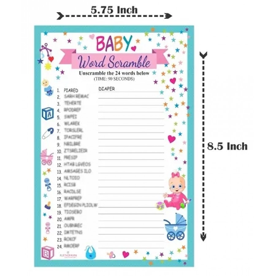 FEATHERMARK Baby Shower Word Scramble Game (Pack of 24 Leaf) Colourful Theme