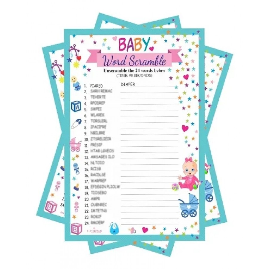 FEATHERMARK Baby Shower Word Scramble Game (Pack of 24 Leaf) Colourful Theme