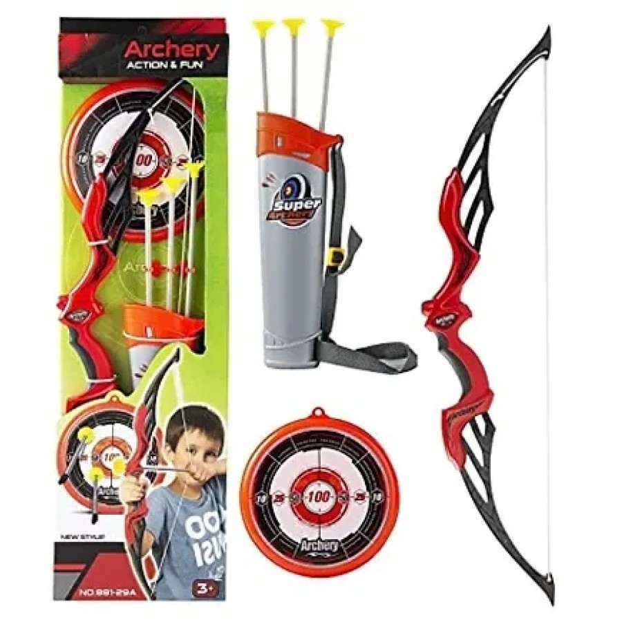 Super Archery Bow and Arrow Set with Dart Target Board Colourful with 3 Suction Cup Tip Arrows ( Red )