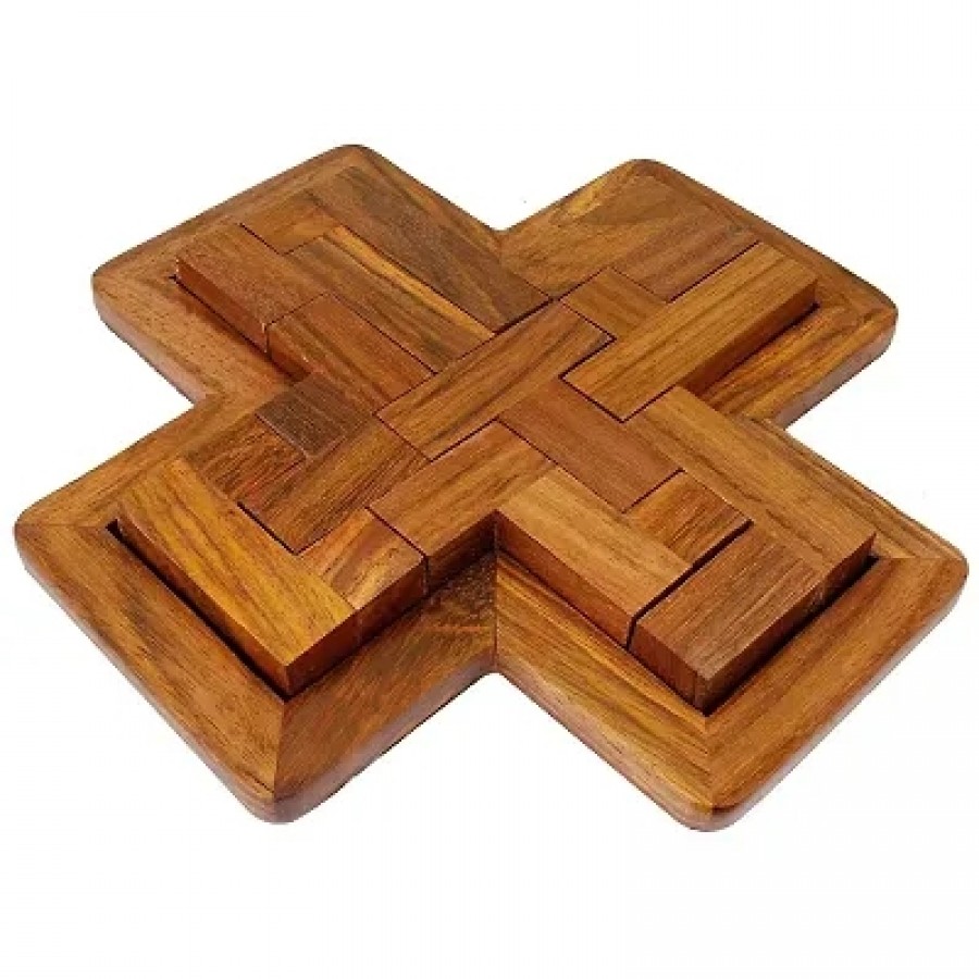 Handmade Indian 9-Pieces Plus Board cross Jigsaw Puzzle Game - Wooden Toy Game - Brain Teaser