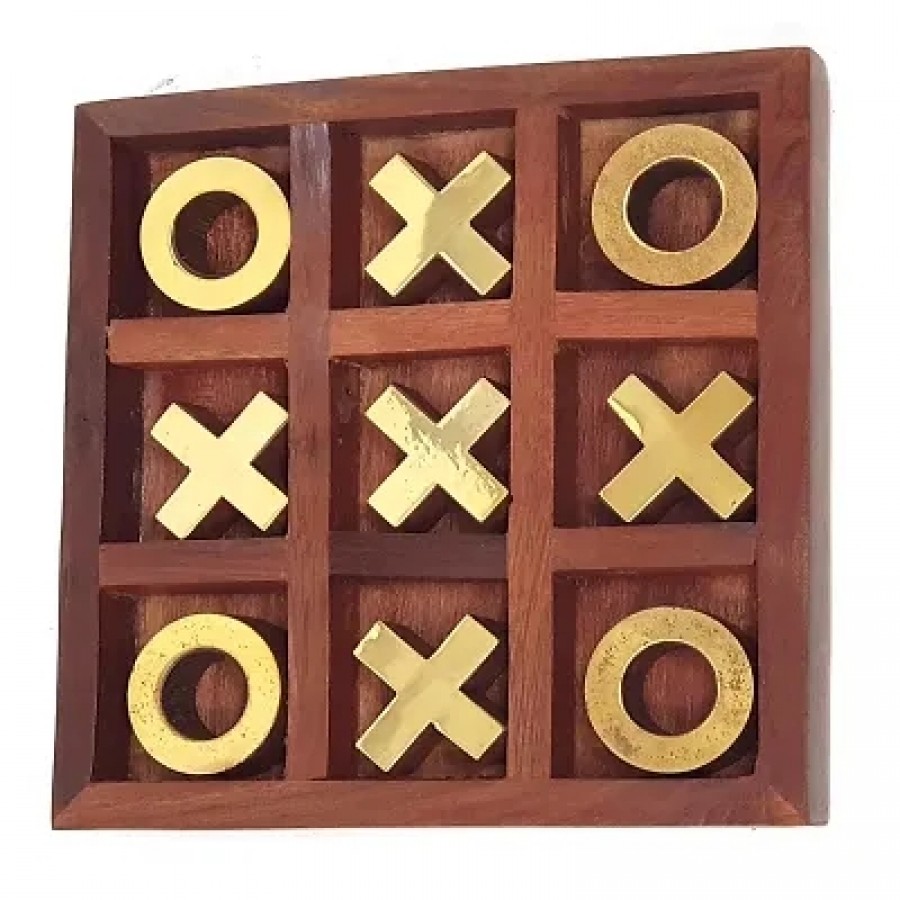 Noughts and Crosses Game Brass Wood Tic Tac Toe Toy Game for Kids Adults