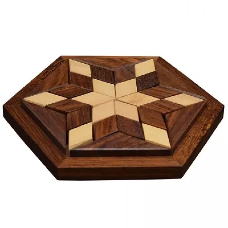 Wooden 30-Piece Hexagon Star Jigsaw / Puzzle Board- Wooden Toy Game - Brain Teaser