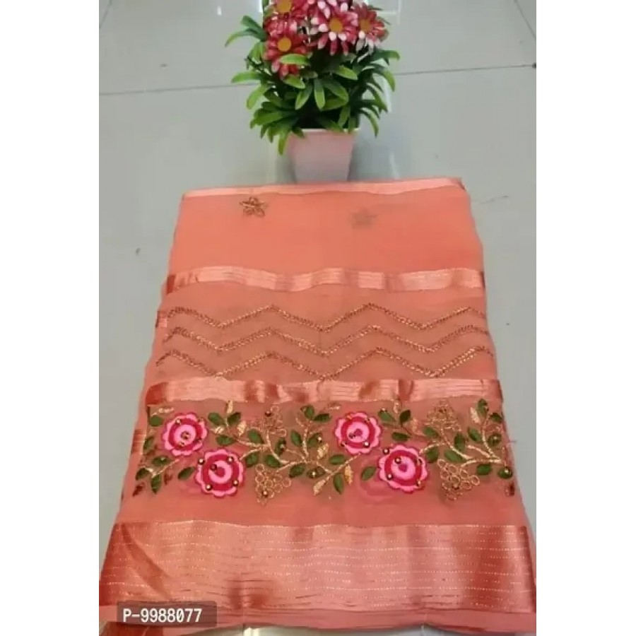 Chiffon Zari Embroidered Sarees with Blouse Piece