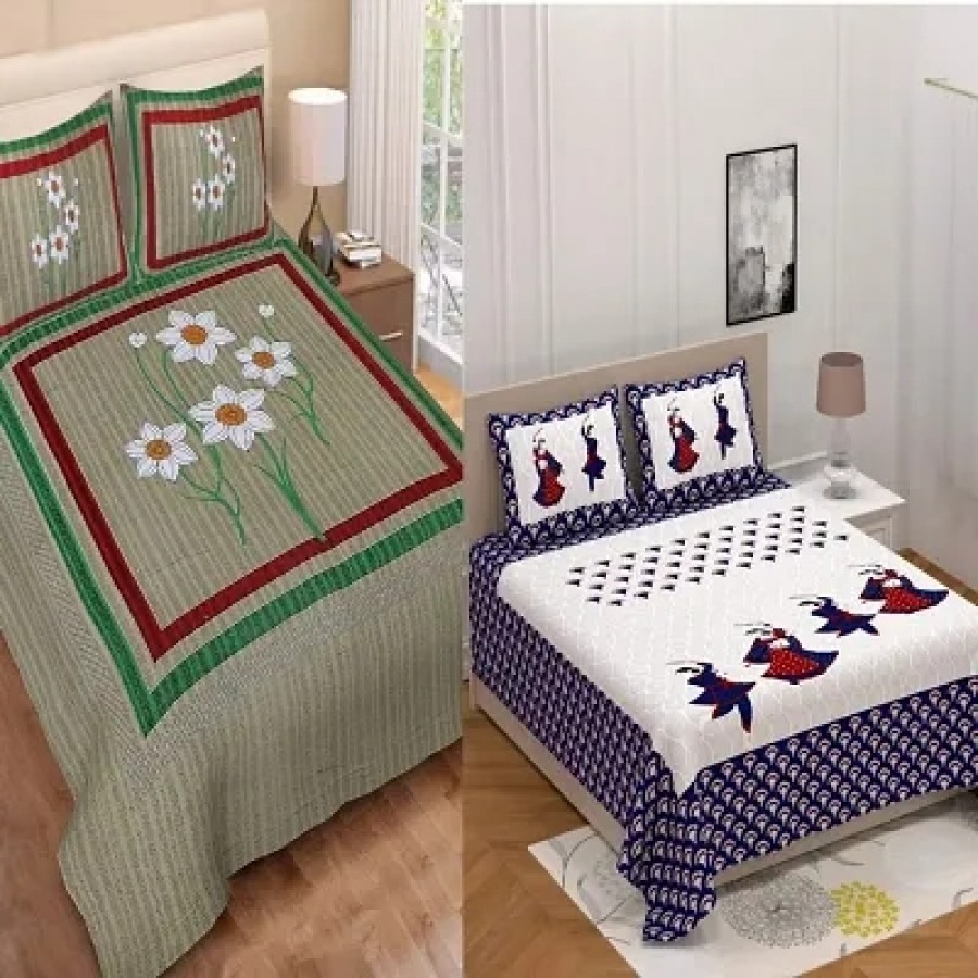 Combo of 2 Cotton Printed Double Bedsheets with Pillowcovers