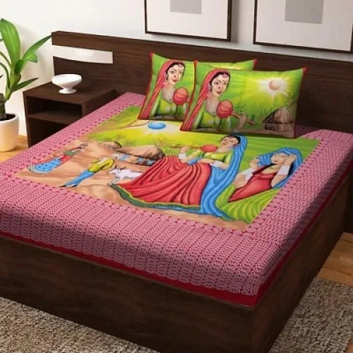 104 TC Cotton Double Jaipuri Prints Flat Bedsheet