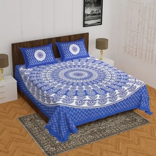 104 Tc Cotton Double Jaipuri Prints Flat Bedsheet