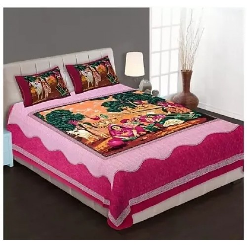 104 Tc Cotton Double Jaipuri Prints Flat Bedsheet