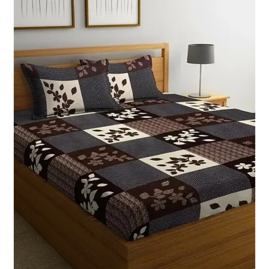 Beautiful Brown Microfiber Floral Double Bedsheet With Pillow Covers