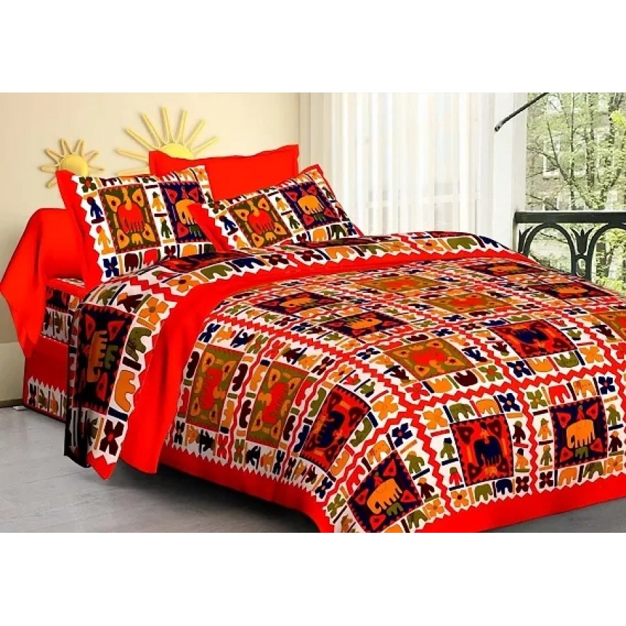 Beautiful Red Cotton Printed Double 48 Bedsheet + 2 Pillowcovers