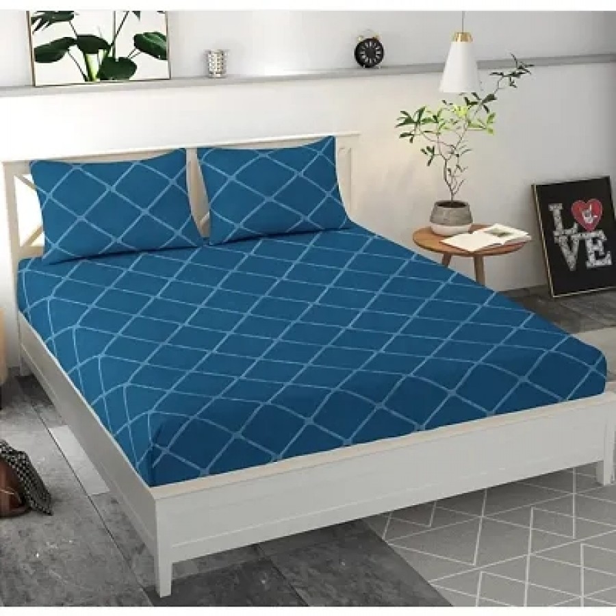 Blue Cotton Blend Checked Bedsheet with 2 Pillow Covers