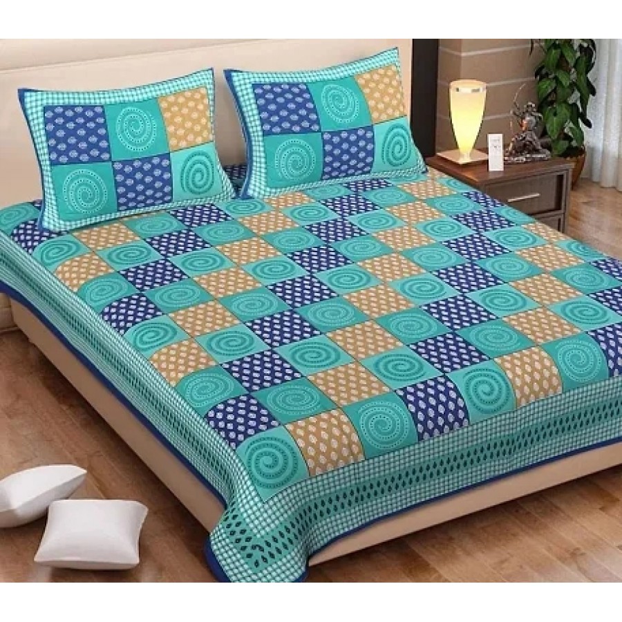 Blue Cotton Box Printed Double Bedsheet With Two Pillow Covers