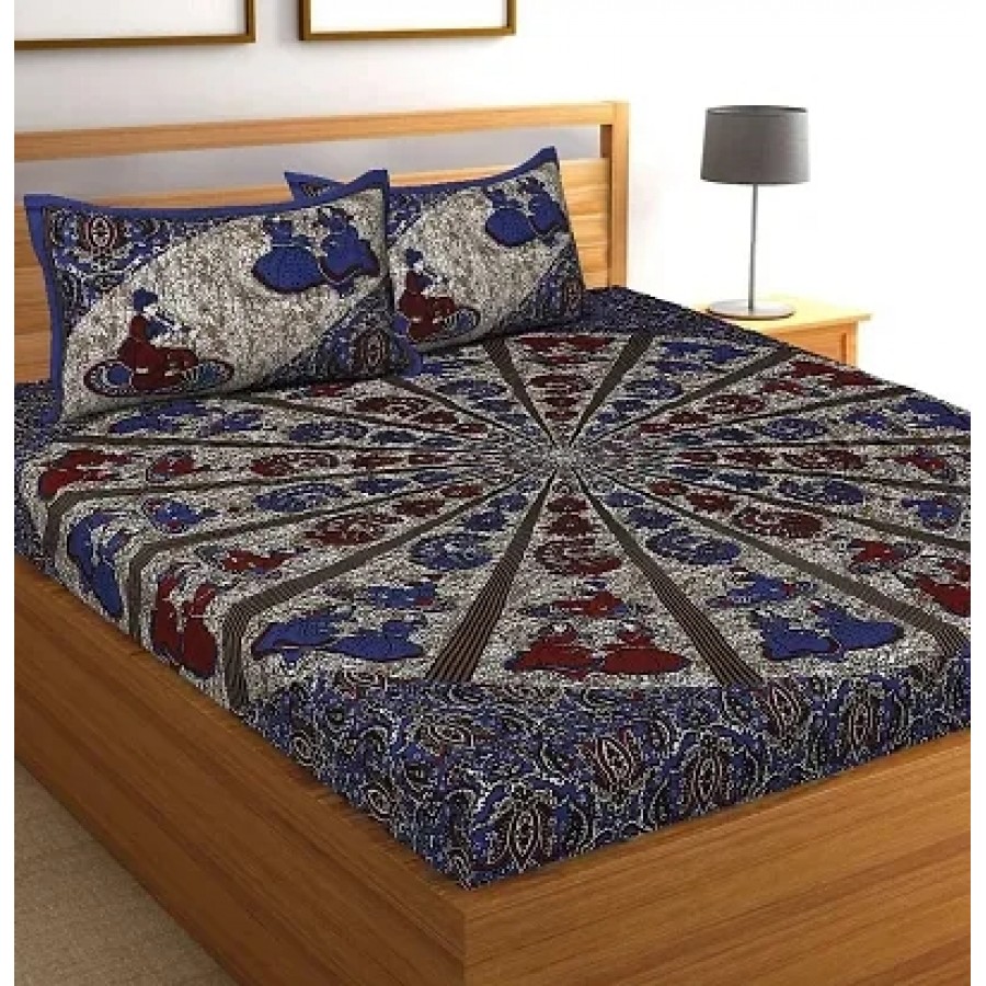 Blue Cotton Printed Double Bedsheet With Two Pillow Covers