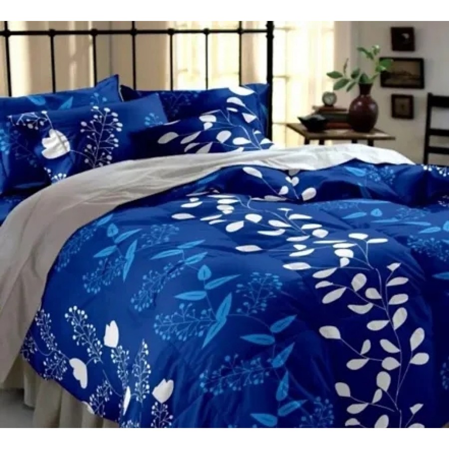 Blue Printed Polycotton Double Bedsheet With 2 Pillow Covers