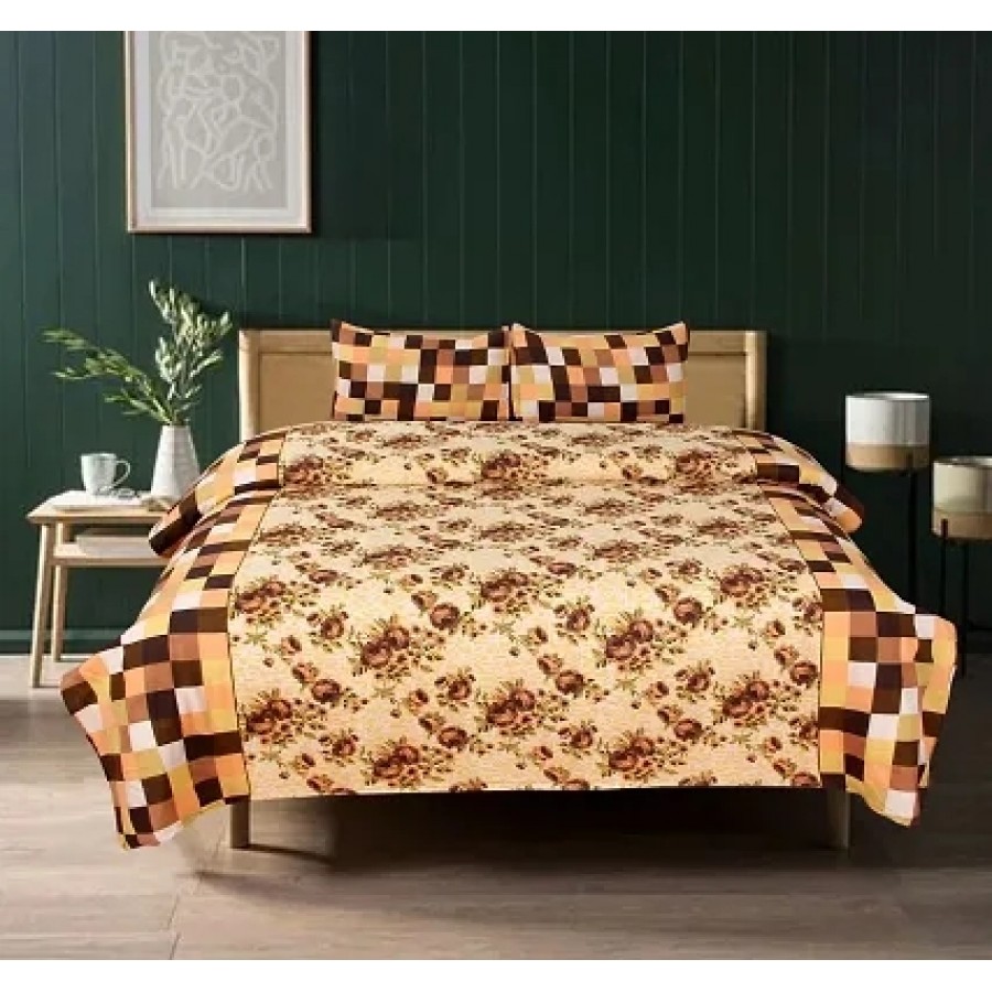 Brown Checked  Floral Printed Polycotton Bedsheet With 2 Pillowcovers