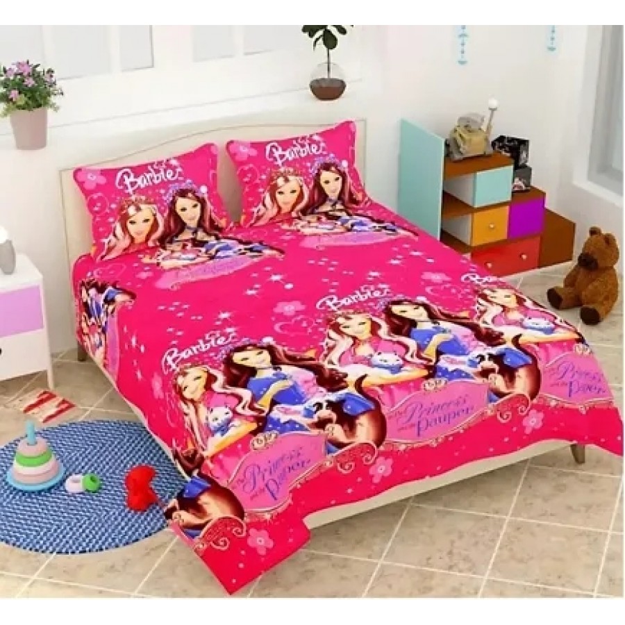 Cartoon Printed Polycotton Double Bedsheet With 2 Pillow Covers