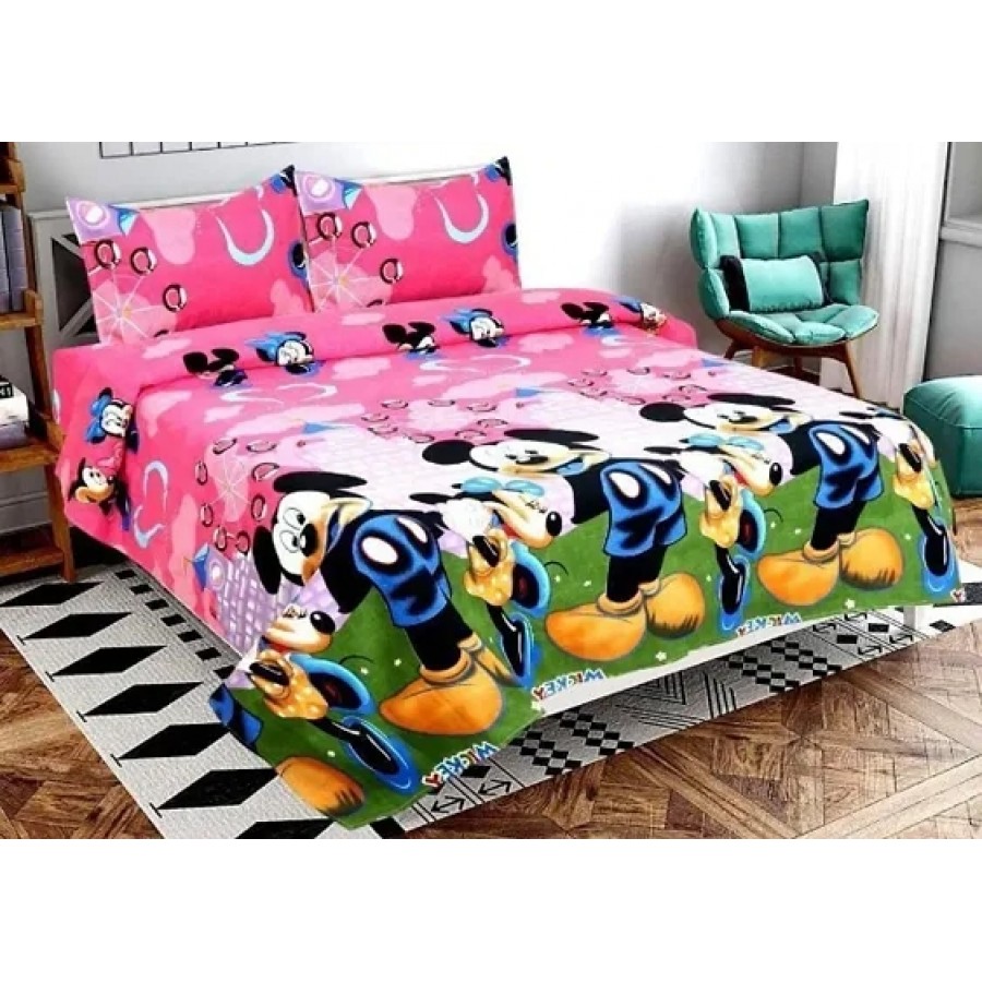 Cartoon Printed Polycotton Double Bedsheet With 2 Pillow Covers